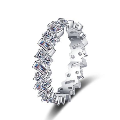 Round and Emerald Cut Moissanite Eternity Ring in rhodium-plated S925 sterling silver on clean white background