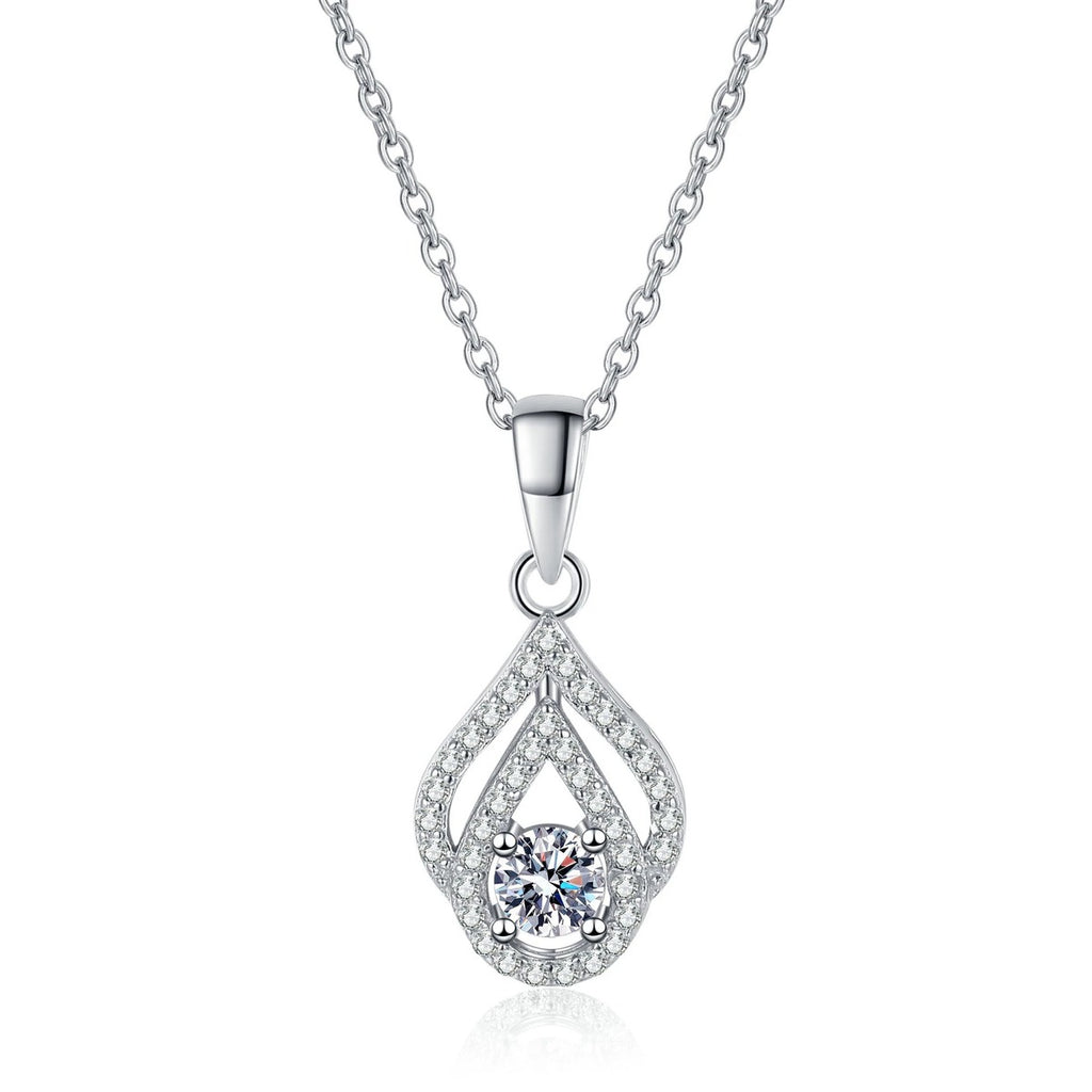 Teardrop Moissanite Pendant Necklace with CZ in Rhodium-Plated S925 sterling silver white background product photo showing teardrop pendant with a round moissanite and CZ outline