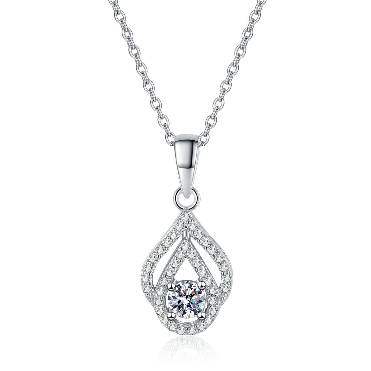 Teardrop Moissanite Pendant Necklace with CZ in Rhodium-Plated S925 sterling silver white background product photo showing teardrop pendant with a round moissanite and CZ outline
