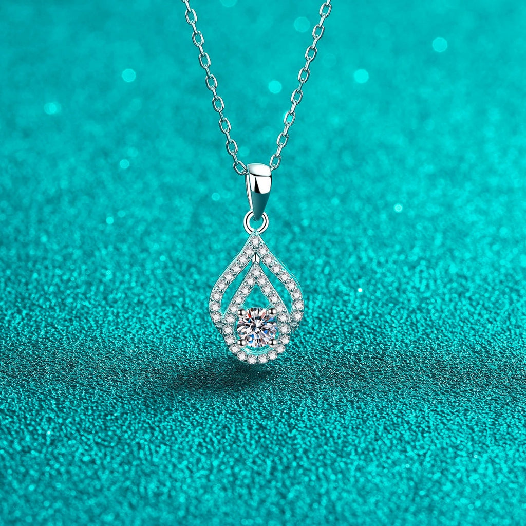 Teardrop Moissanite Pendant Necklace with CZ in Rhodium-Plated S925 sterling silver angled product detail view