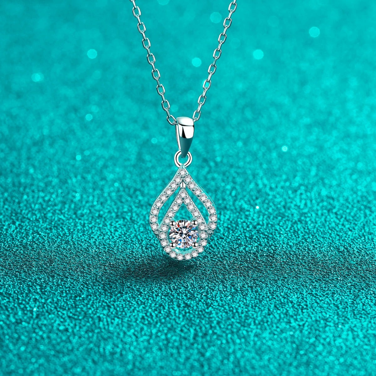 Teardrop Moissanite Pendant Necklace with CZ in Rhodium-Plated S925 sterling silver angled product detail view