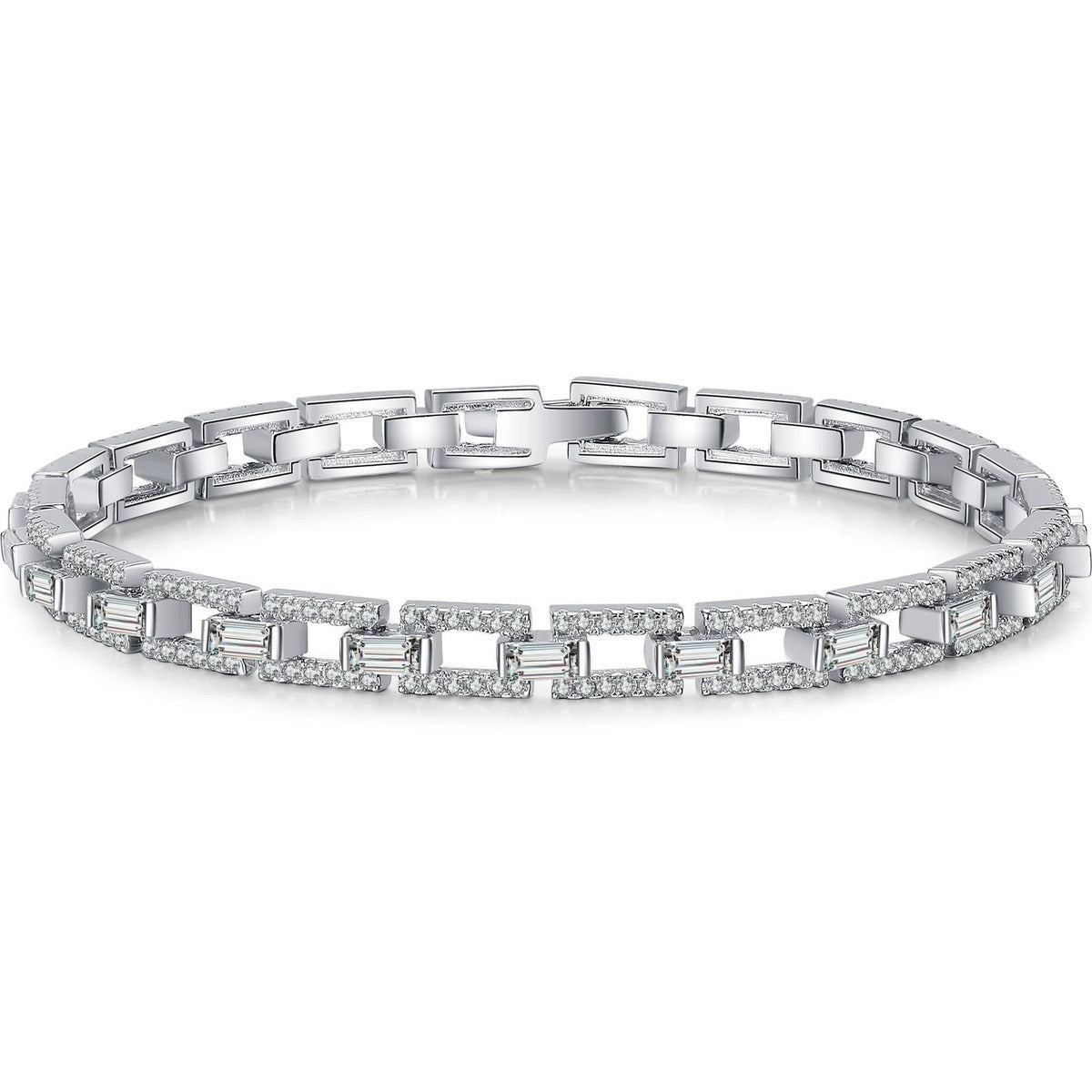 Emerald and Round Moissanite Tennis Bracelet in Rhodium-Plated S925 sterling silver white background product photo showing bracelet shape and moissanite setting