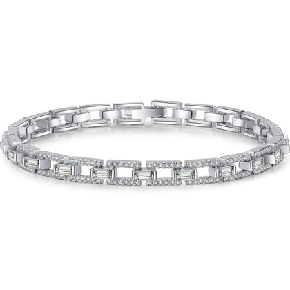 Emerald and Round Moissanite Tennis Bracelet in Rhodium-Plated S925 sterling silver white background product photo showing bracelet shape and moissanite setting