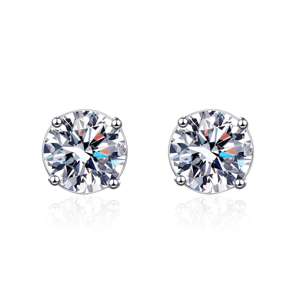 Round Moissanite Screw Back Stud Earrings in Rhodium-Plated S925 sterling silver white background product photo showing the pair, stone shape, and stud earrings silhouette