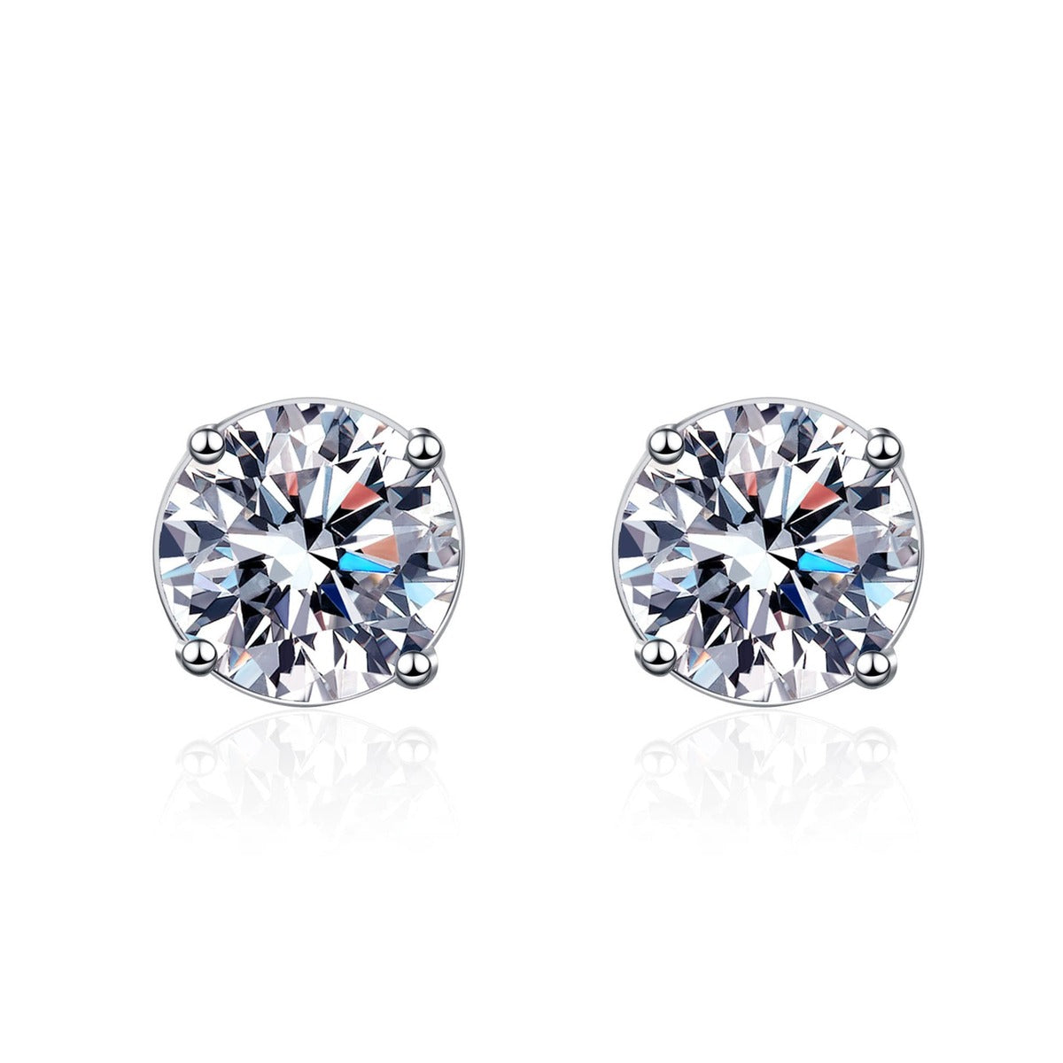 Round Moissanite Screw Back Stud Earrings in Rhodium-Plated S925 sterling silver white background product photo showing the pair, stone shape, and stud earrings silhouette