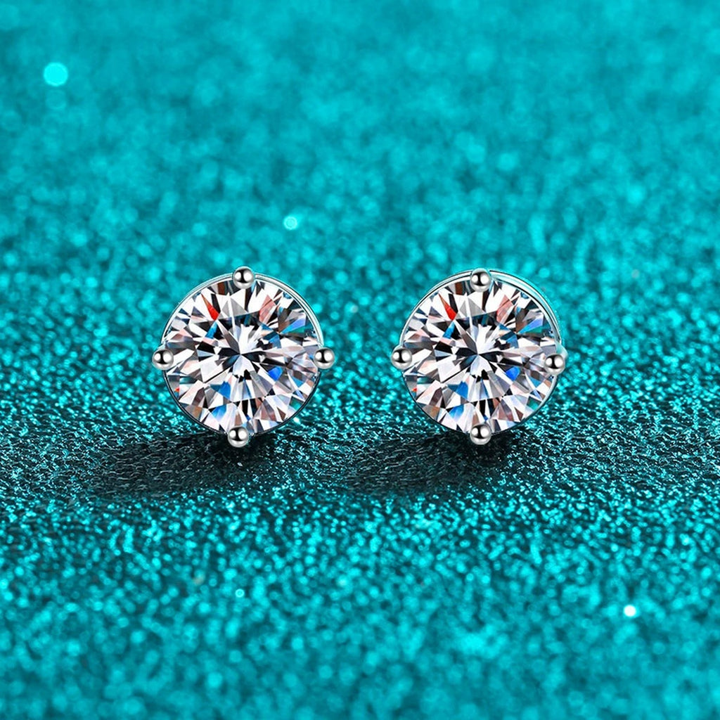 Round Moissanite Screw Back Stud Earrings in Rhodium-Plated S925 sterling silver product scene view showing front sparkle