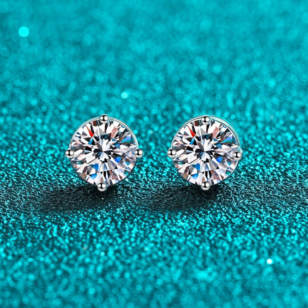 Round Moissanite Screw Back Stud Earrings in Rhodium-Plated S925 sterling silver product scene view showing front sparkle