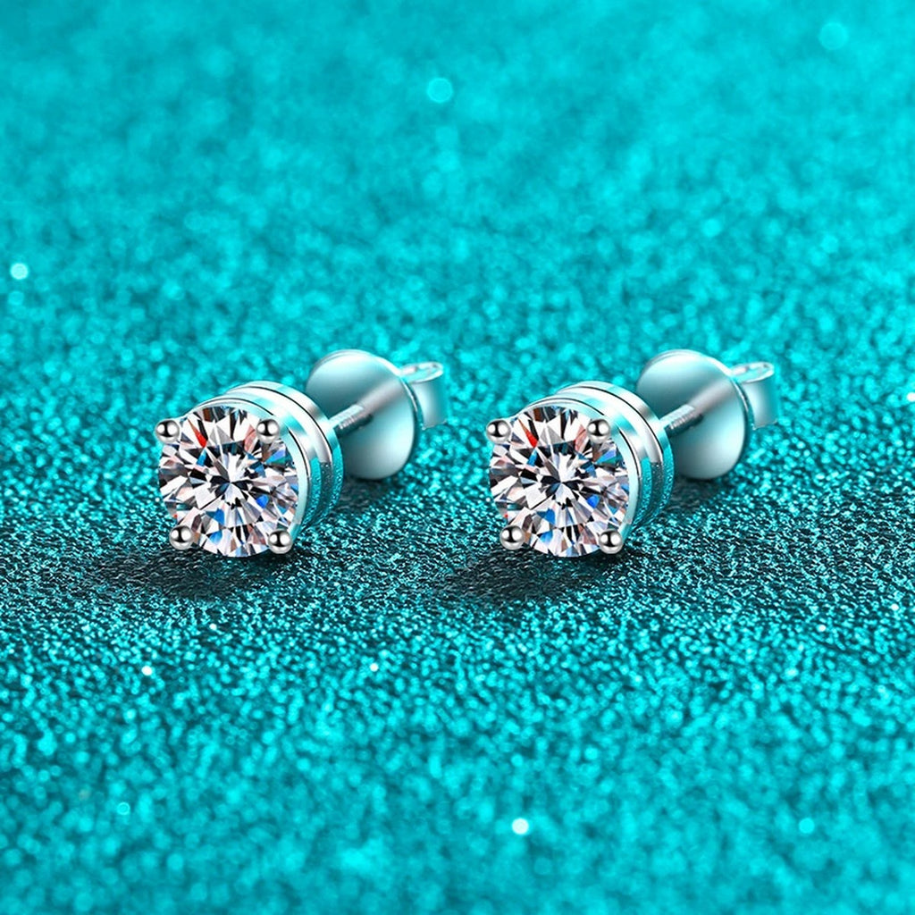 Round Moissanite Screw Back Stud Earrings in Rhodium-Plated S925 sterling silver product scene view showing angled setting detail