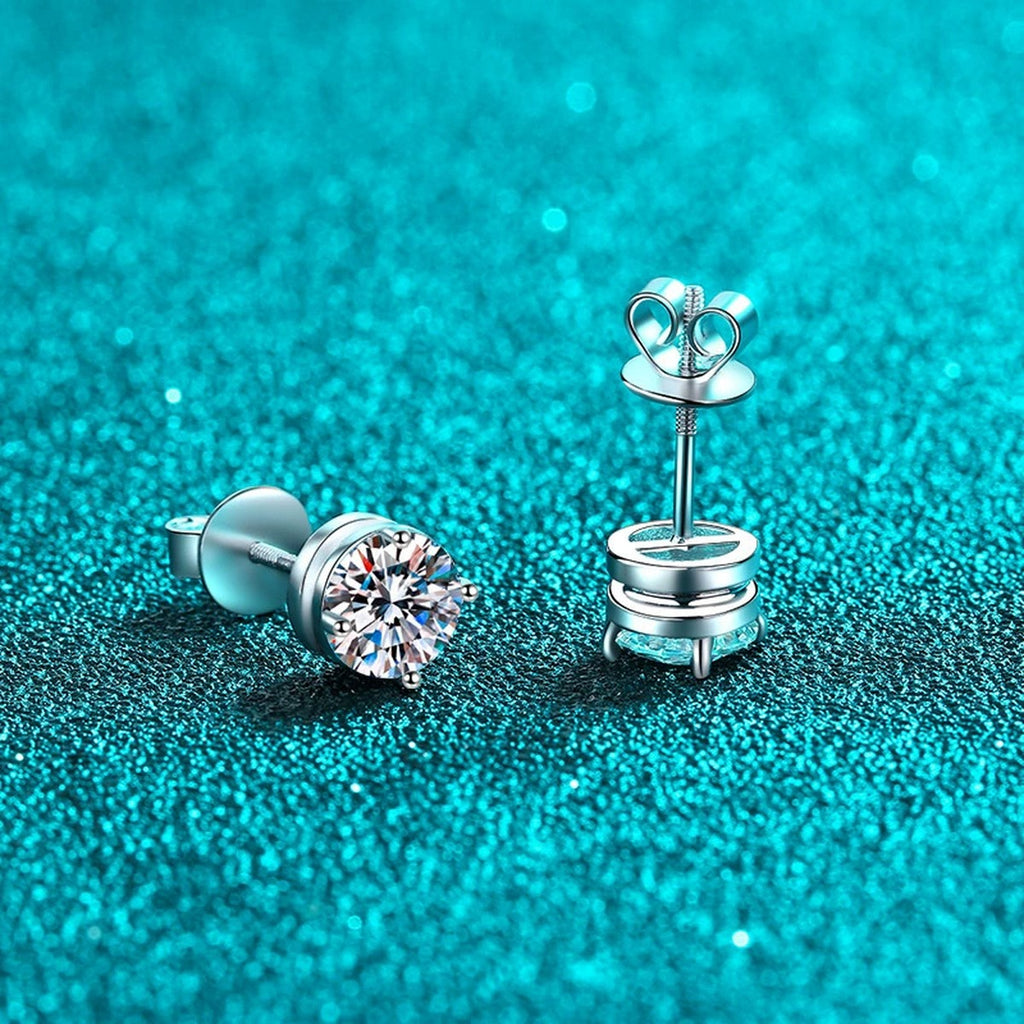 Round Moissanite Screw Back Stud Earrings in Rhodium-Plated S925 sterling silver product scene view showing side profile
