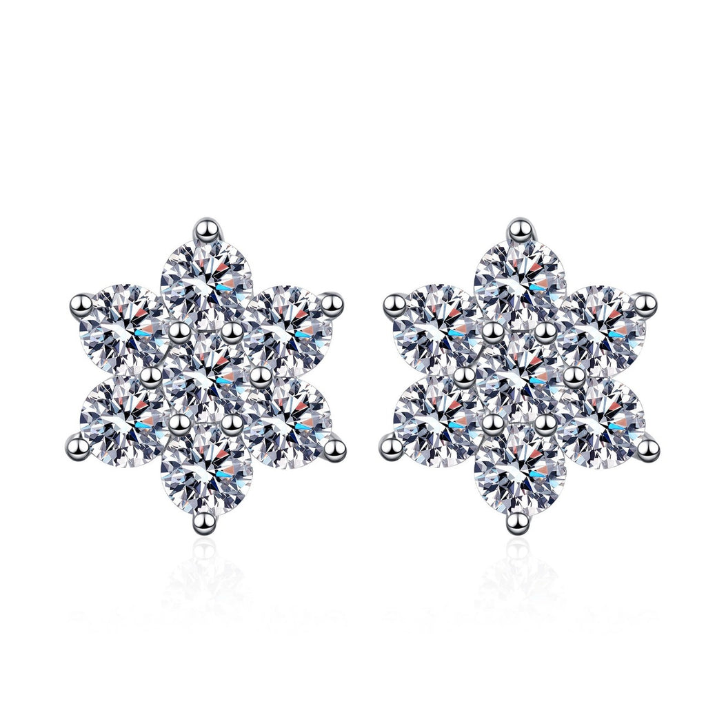 Starburst Cluster Moissanite Stud Earrings in Rhodium-Plated S925 sterling silver white background product photo showing the pair, stone shape, and stud earrings silhouette