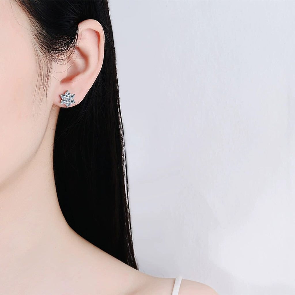 Starburst Cluster Moissanite Stud Earrings in Rhodium-Plated S925 sterling silver worn on ear by model showing scale, placement, and stud earrings styling