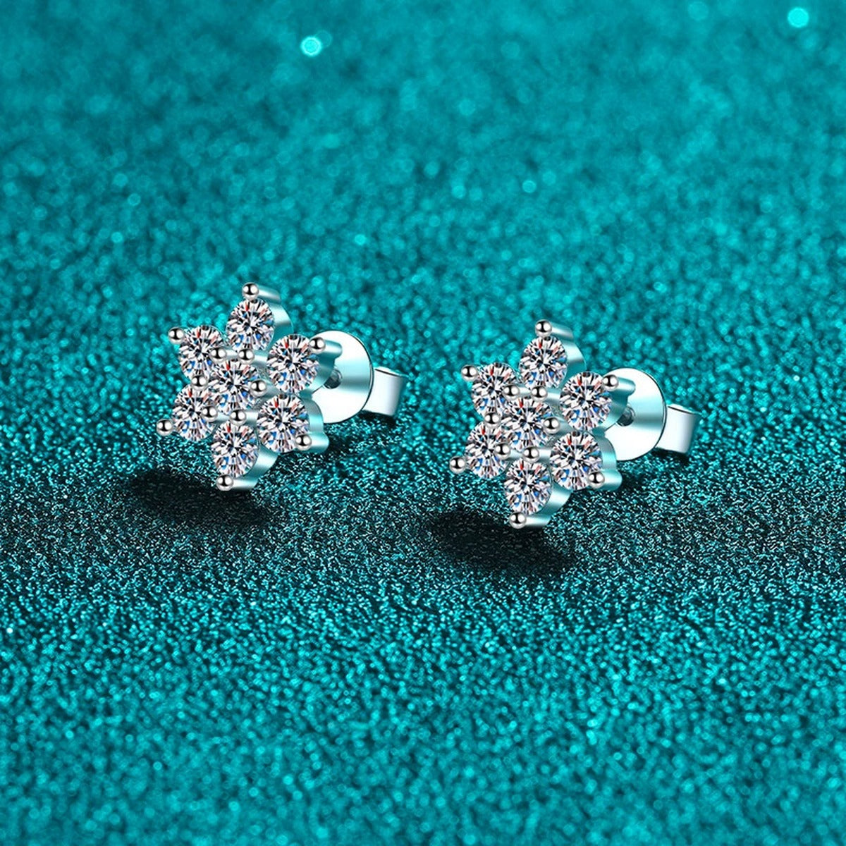 Starburst Cluster Moissanite Stud Earrings in Rhodium-Plated S925 sterling silver product scene view showing front sparkle