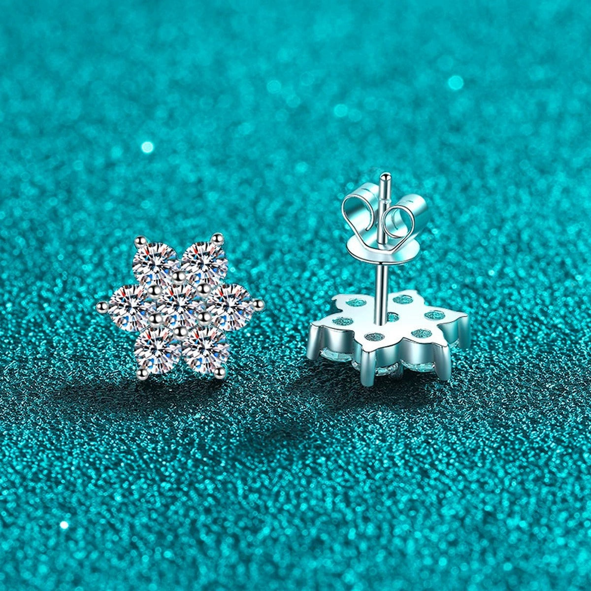 Starburst Cluster Moissanite Stud Earrings in Rhodium-Plated S925 sterling silver product scene view showing angled setting detail