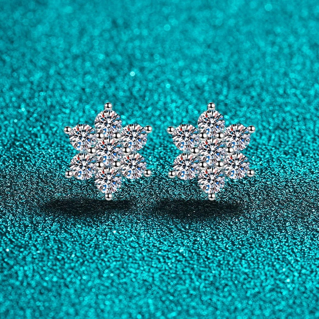 Starburst Cluster Moissanite Stud Earrings in Rhodium-Plated S925 sterling silver product scene view showing side profile