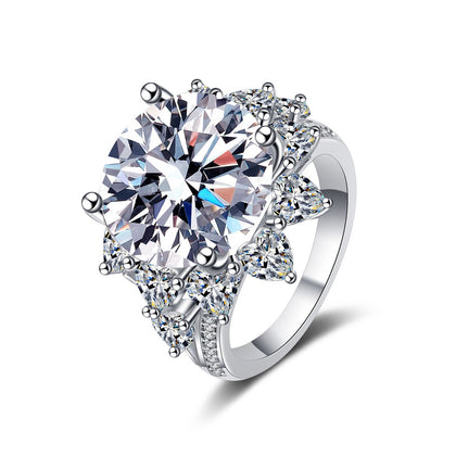 Round Moissanite Statement Ring with CZ in rhodium-plated S925 sterling silver on clean white background