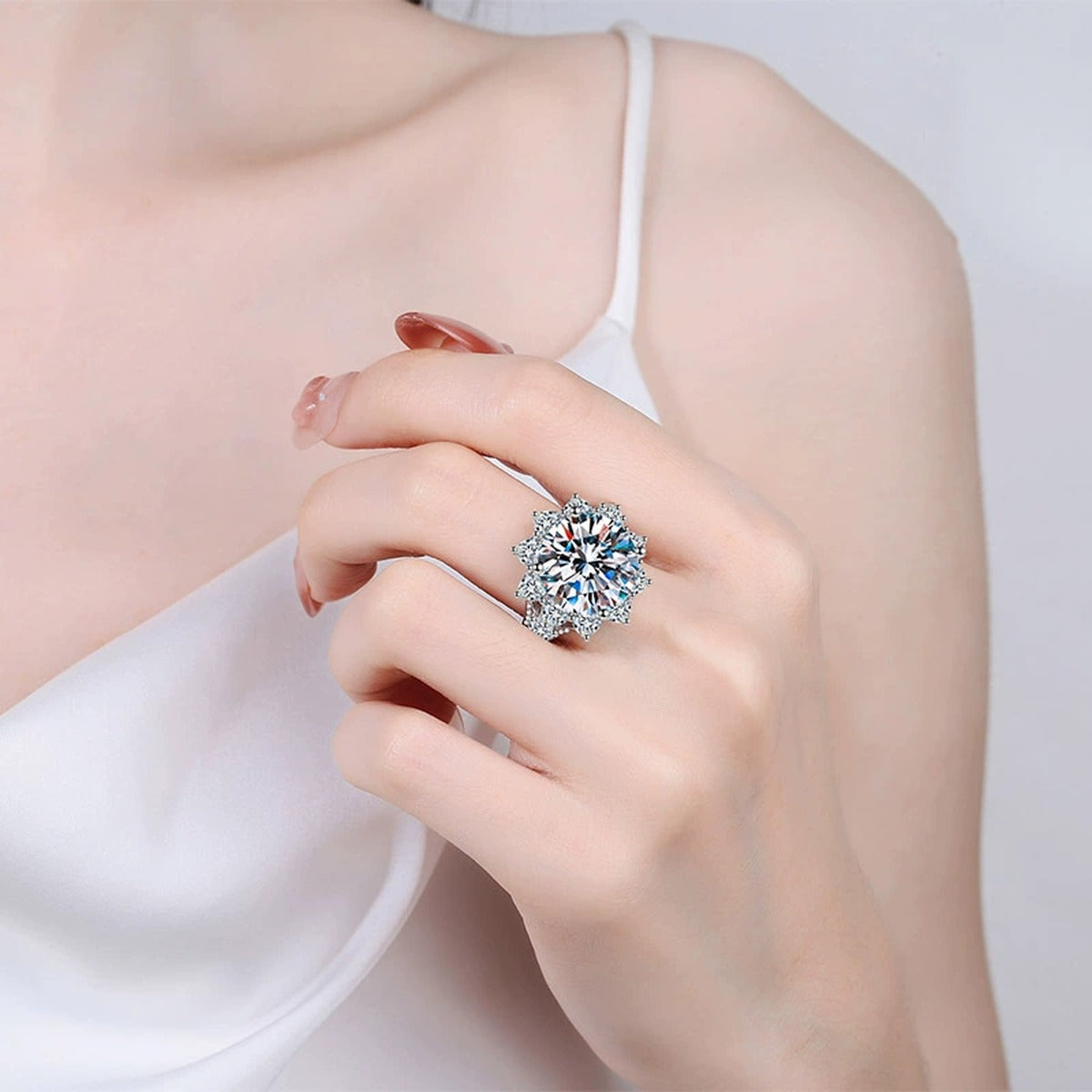 Round Moissanite Statement Ring with CZ worn on hand to show scale and ring profile