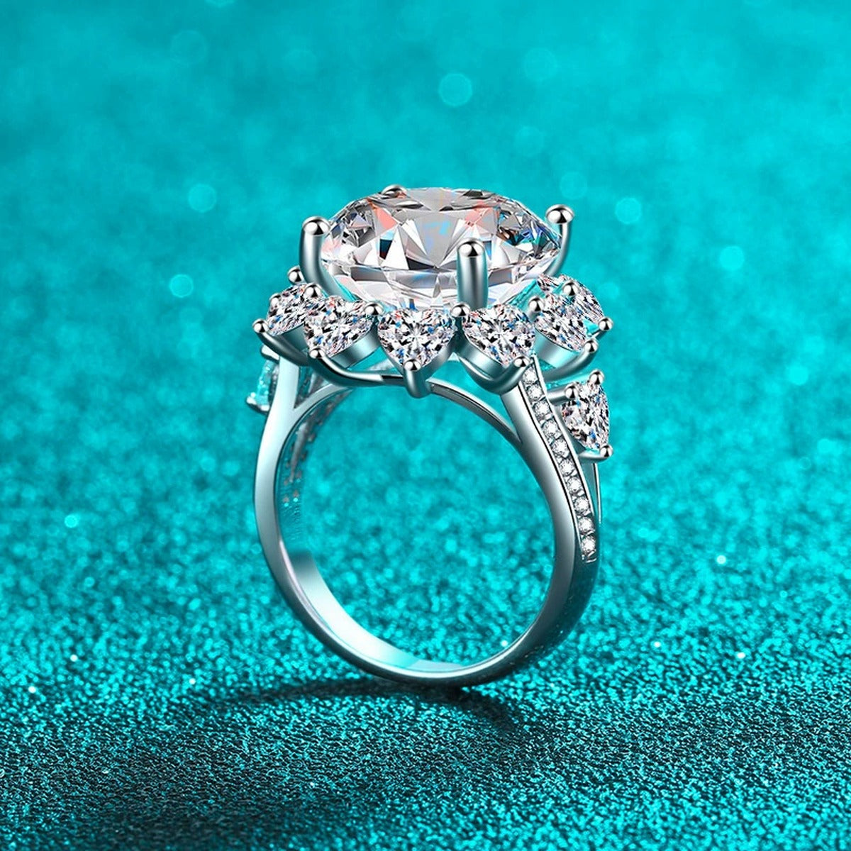 Round Moissanite Statement Ring with CZ product view showing moissanite setting and rhodium finish