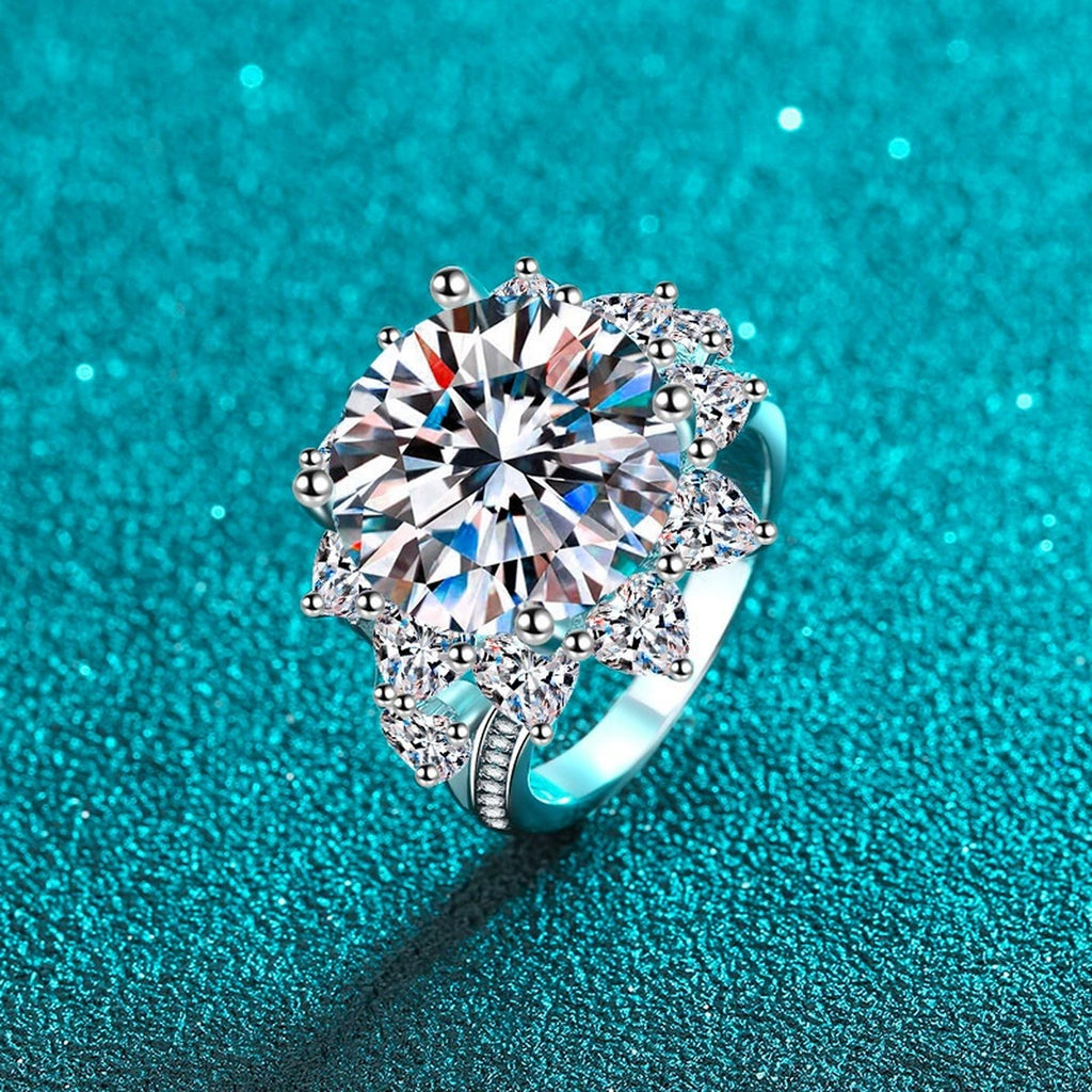 Round Moissanite Statement Ring with CZ product view showing moissanite setting and rhodium finish