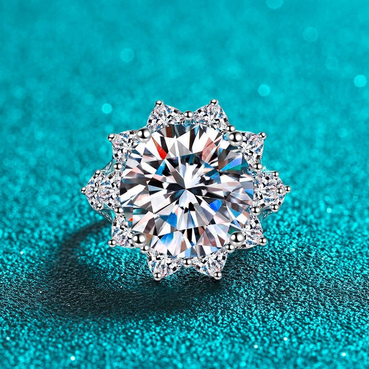 Round Moissanite Statement Ring with CZ product view showing moissanite setting and rhodium finish