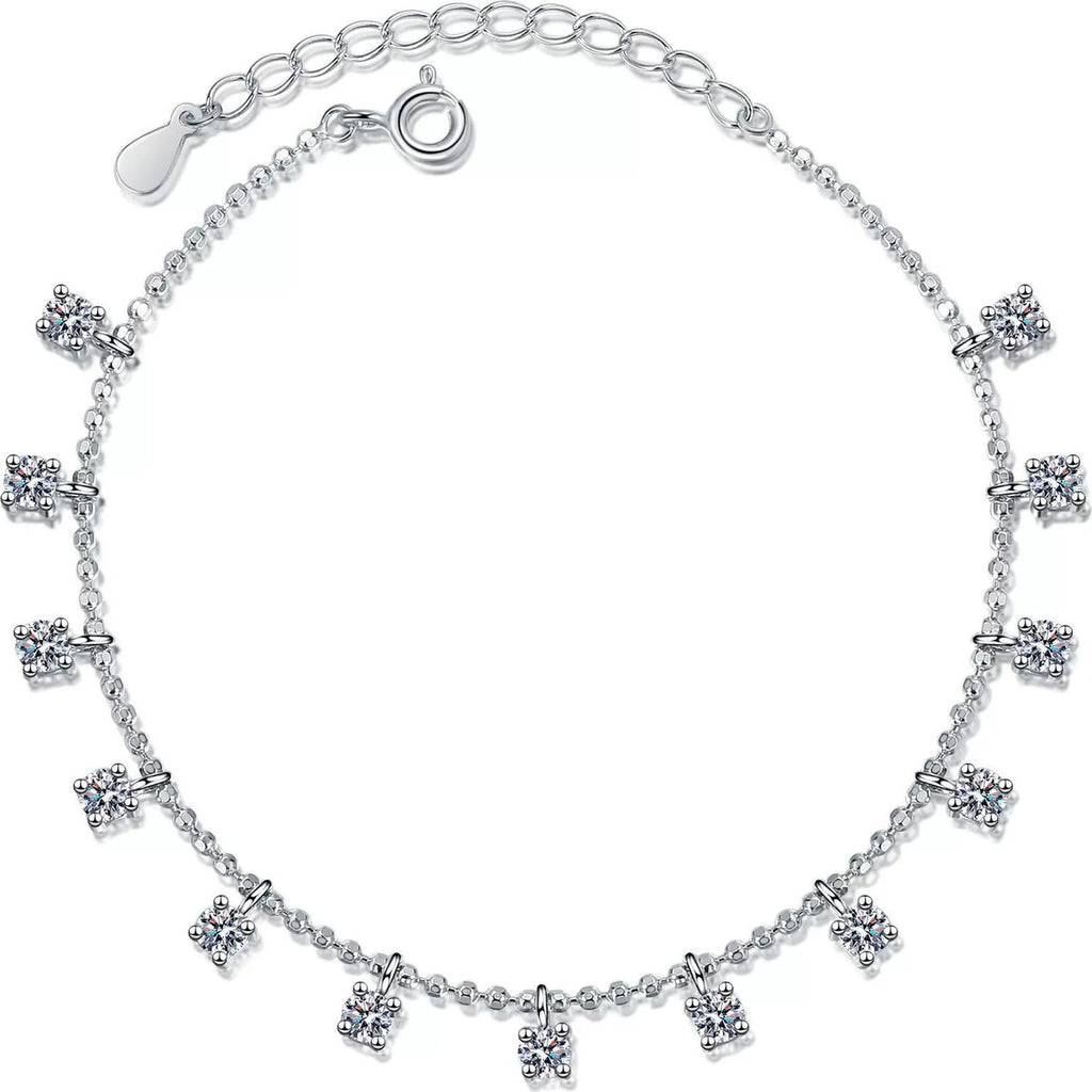 Moissanite Charm Station Bracelet in Rhodium-Plated S925 sterling silver white background product photo showing bracelet shape and moissanite setting