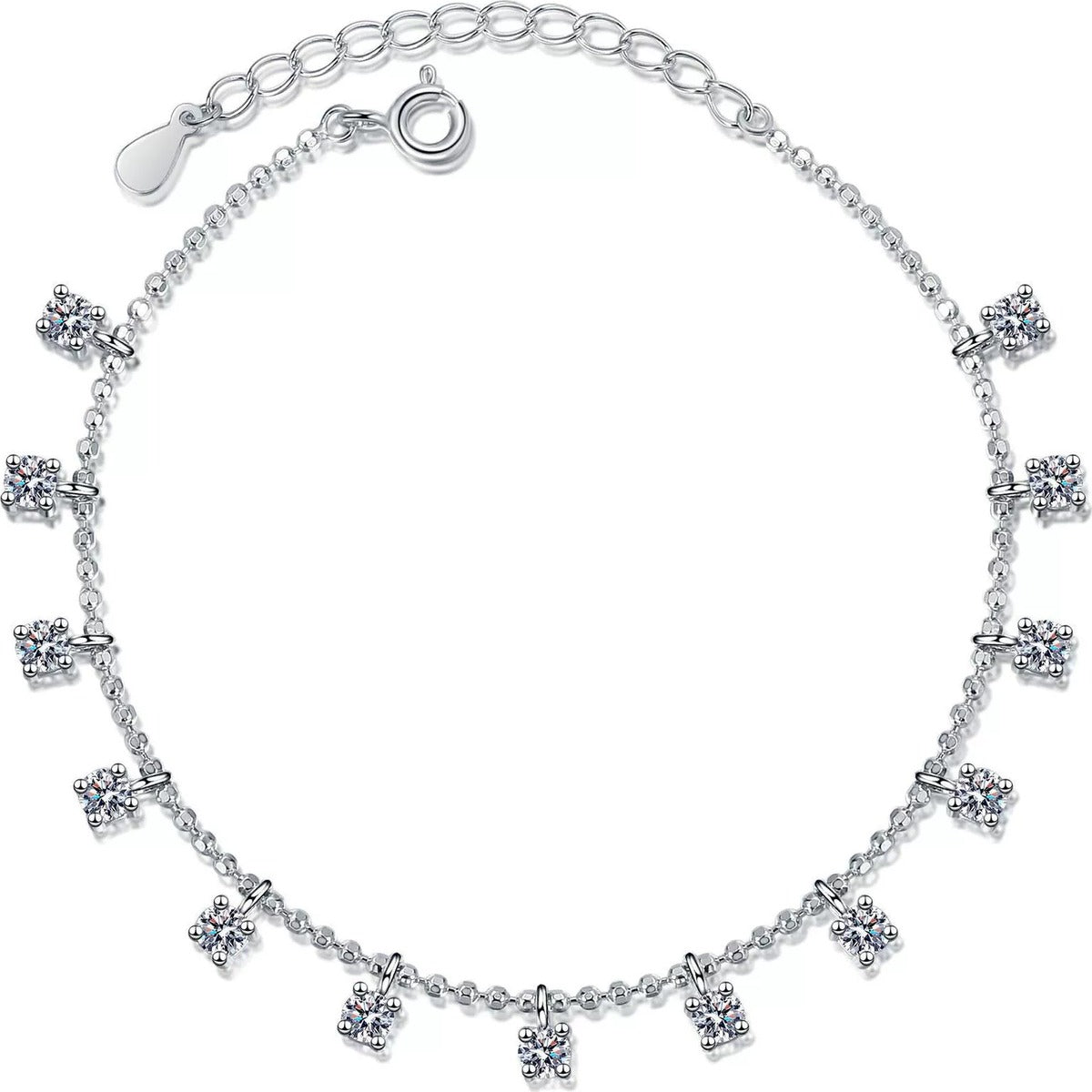 Moissanite Charm Station Bracelet in Rhodium-Plated S925 sterling silver white background product photo showing bracelet shape and moissanite setting