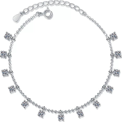 Moissanite Charm Station Bracelet in Rhodium-Plated S925 sterling silver white background product photo showing bracelet shape and moissanite setting