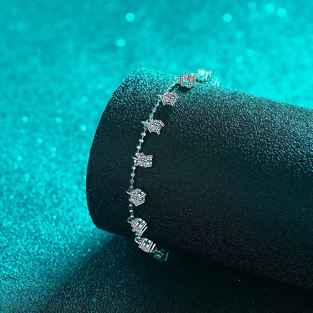 Moissanite Charm Station Bracelet in Rhodium-Plated S925 sterling silver close-up bracelet detail view showing clasp and motif