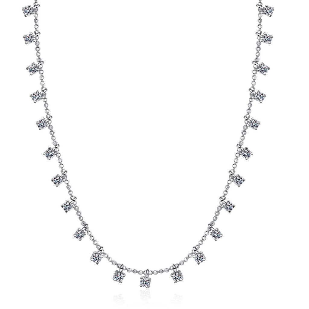 Multi-Stone Moissanite Charm Necklace in Rhodium-Plated S925 sterling silver white background product photo showing curved charm necklace with many round moissanite stones