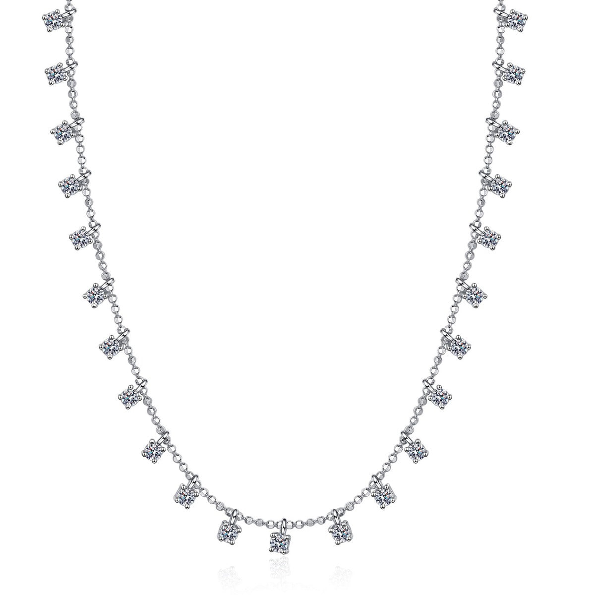 Multi-Stone Moissanite Charm Necklace in Rhodium-Plated S925 sterling silver white background product photo showing curved charm necklace with many round moissanite stones