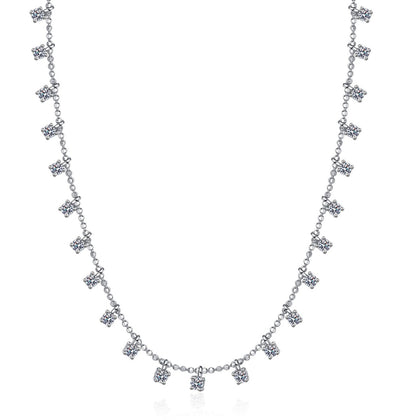 Multi-Stone Moissanite Charm Necklace in Rhodium-Plated S925 sterling silver white background product photo showing curved charm necklace with many round moissanite stones