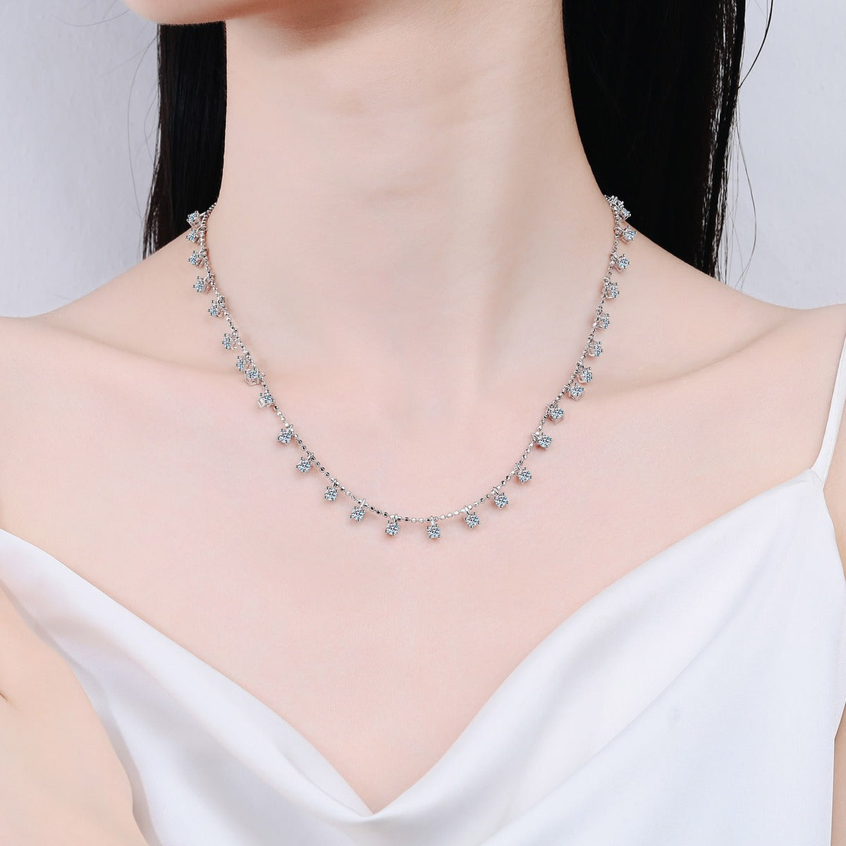 Multi-Stone Moissanite Charm Necklace in Rhodium-Plated S925 sterling silver neckline model view showing pendant scale and adjustable chain