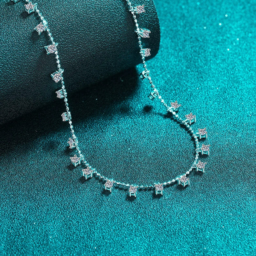 Multi-Stone Moissanite Charm Necklace in Rhodium-Plated S925 sterling silver close-up product scene showing pendant setting