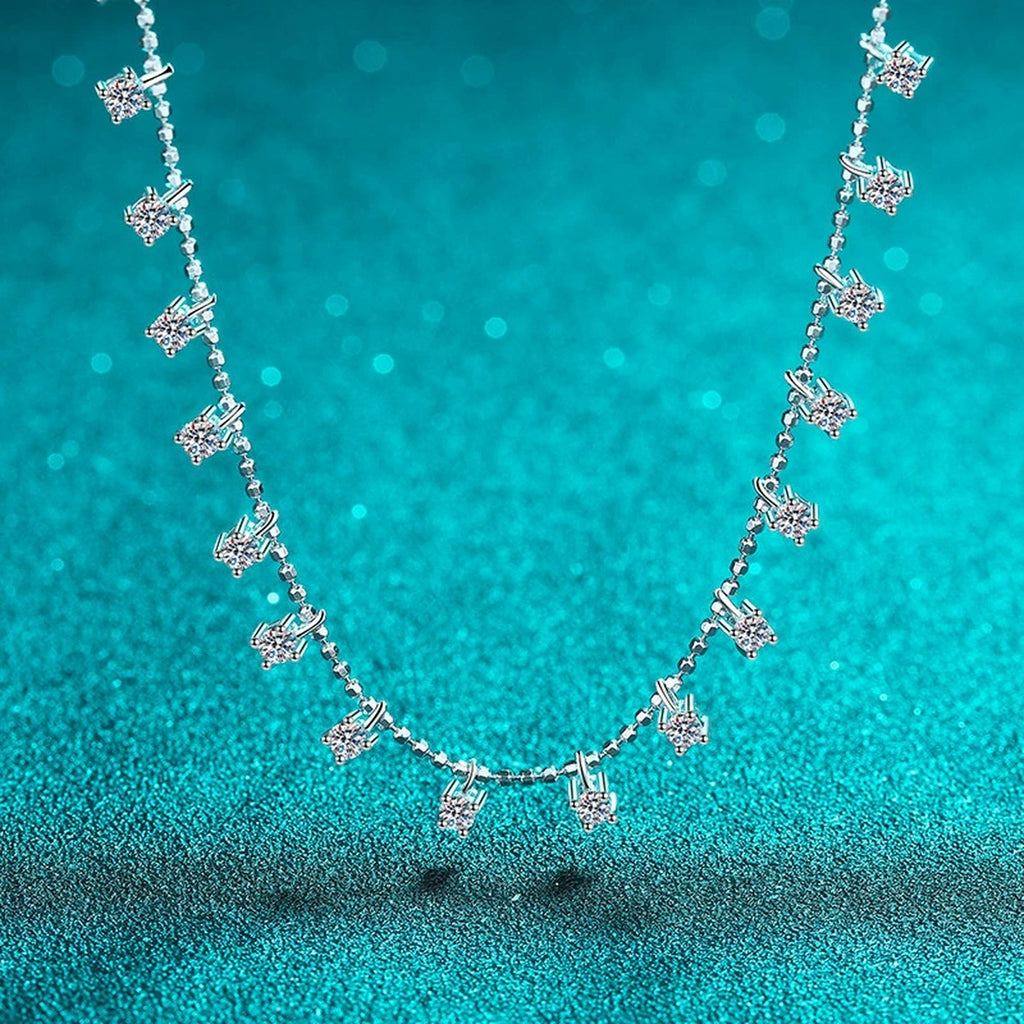 Multi-Stone Moissanite Charm Necklace in Rhodium-Plated S925 sterling silver blue display scene showing chain and stone layout