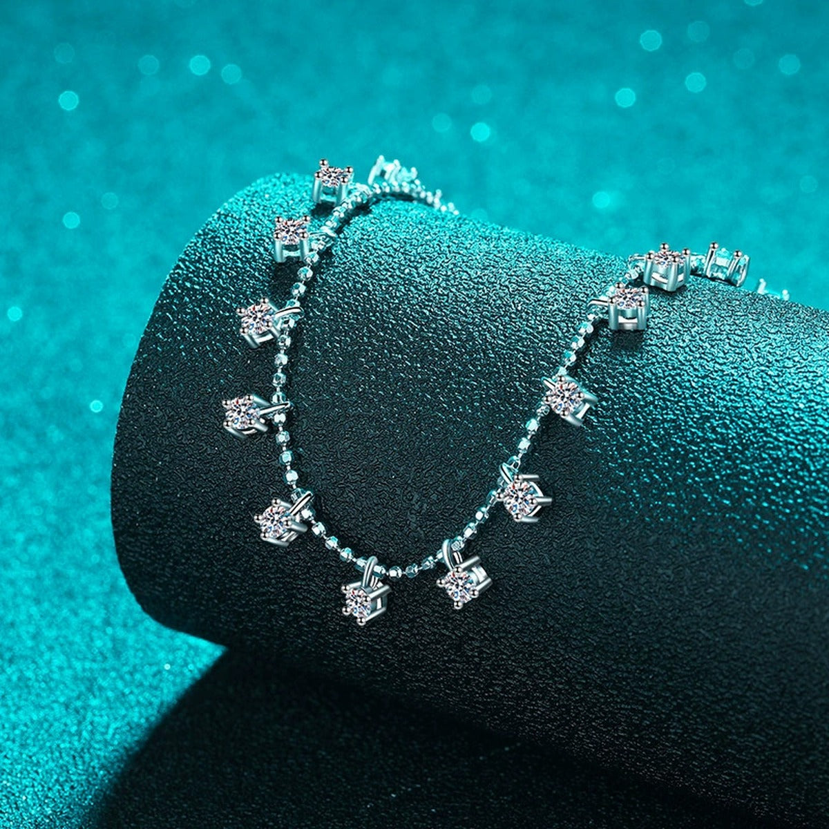Multi-Stone Moissanite Charm Necklace in Rhodium-Plated S925 sterling silver angled product detail view