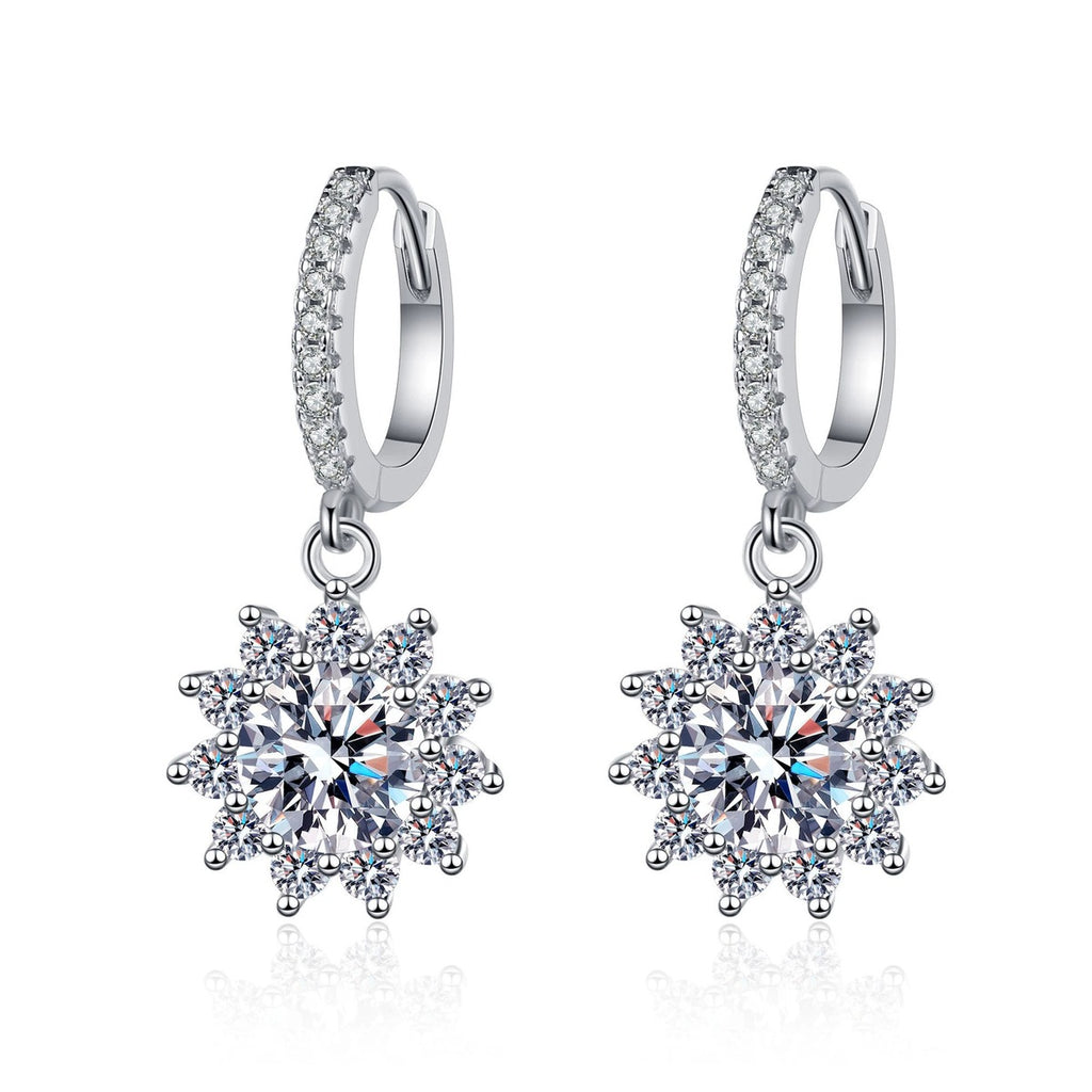 Starburst Moissanite Hoop Dangle Earrings with CZ in Rhodium-Plated S925 sterling silver white background product photo showing the pair, stone shape, and hoop dangle earrings silhouette