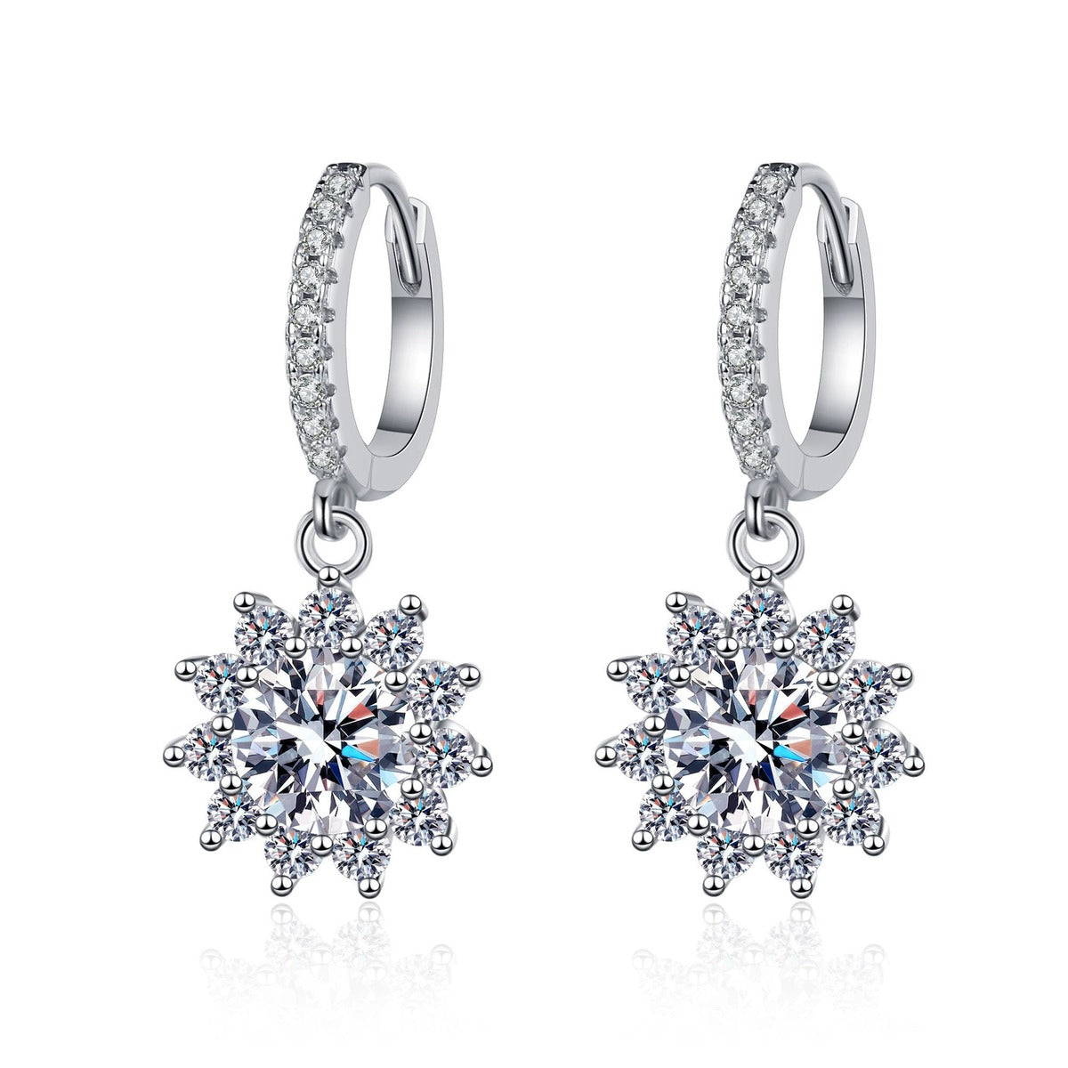 Starburst Moissanite Hoop Dangle Earrings with CZ in Rhodium-Plated S925 sterling silver white background product photo showing the pair, stone shape, and hoop dangle earrings silhouette