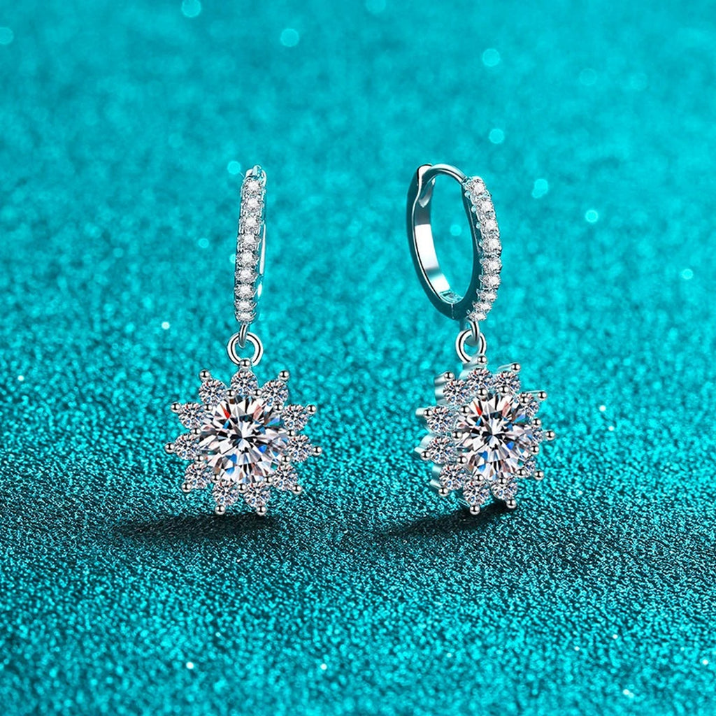 Starburst Moissanite Hoop Dangle Earrings with CZ in Rhodium-Plated S925 sterling silver product scene view showing front sparkle