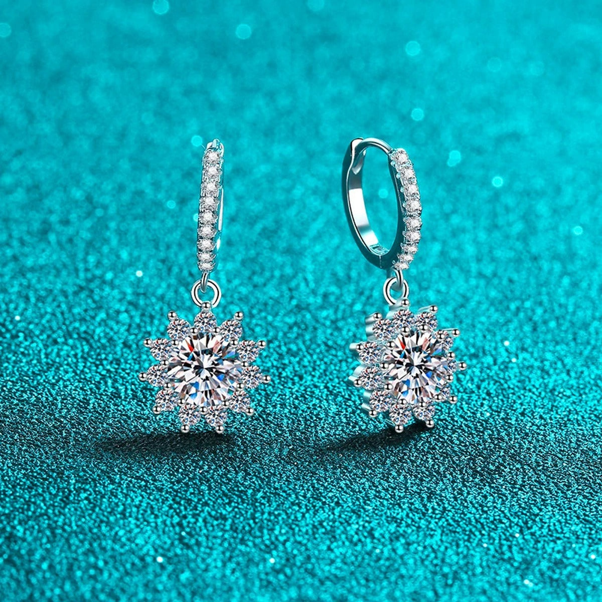 Starburst Moissanite Hoop Dangle Earrings with CZ in Rhodium-Plated S925 sterling silver product scene view showing front sparkle