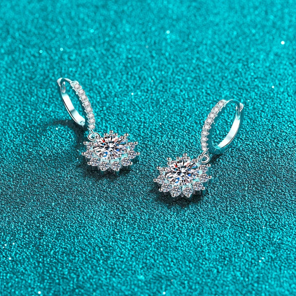 Starburst Moissanite Hoop Dangle Earrings with CZ in Rhodium-Plated S925 sterling silver product scene view showing angled setting detail