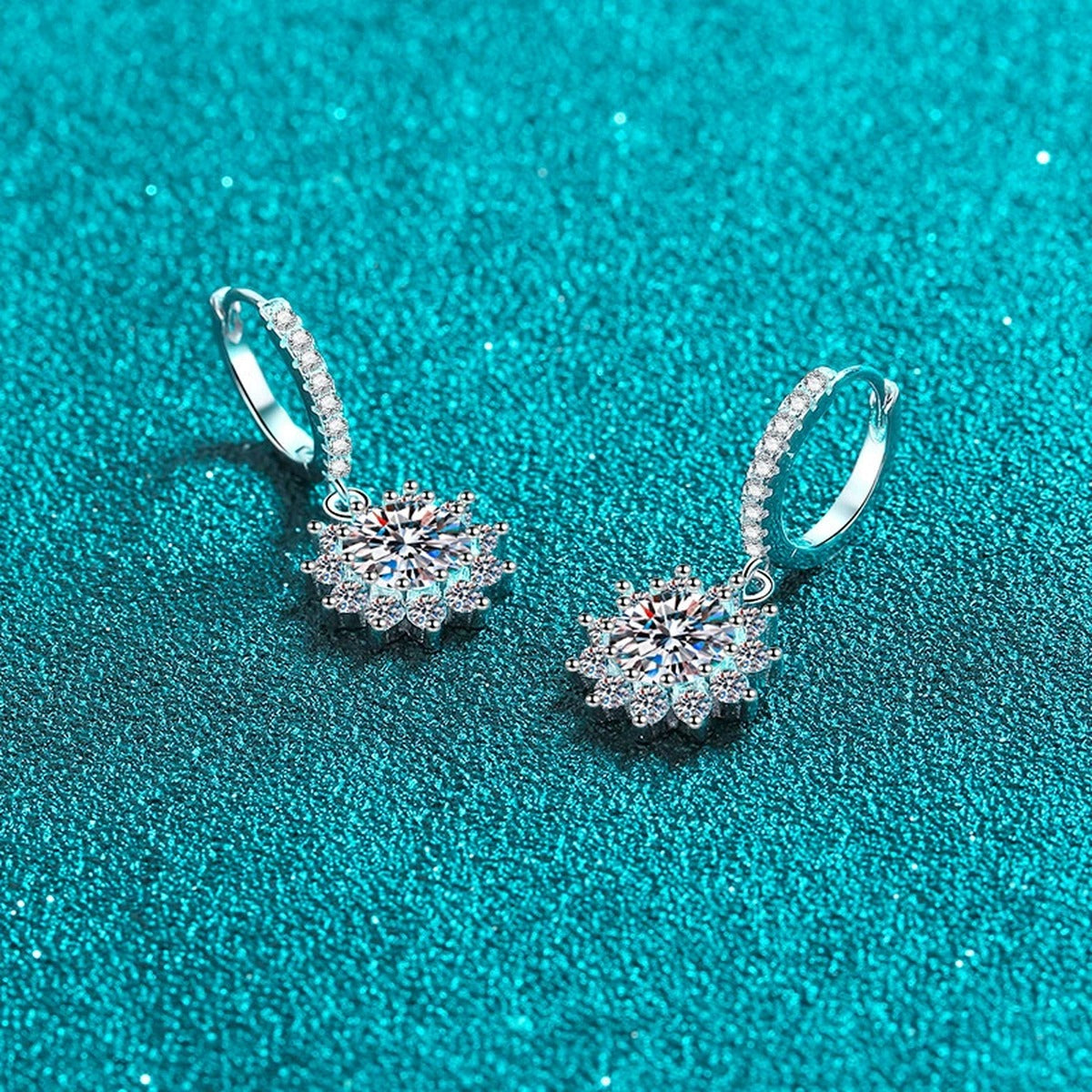 Starburst Moissanite Hoop Dangle Earrings with CZ in Rhodium-Plated S925 sterling silver product scene view showing angled setting detail