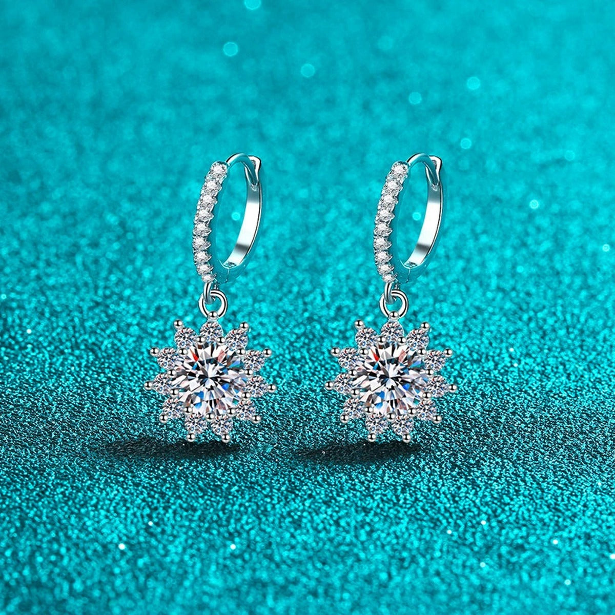 Starburst Moissanite Hoop Dangle Earrings with CZ in Rhodium-Plated S925 sterling silver product scene view showing side profile