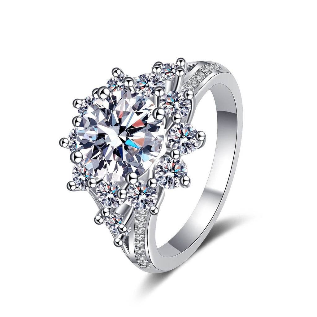 Round Moissanite Ring with CZ in rhodium-plated S925 sterling silver on clean white background