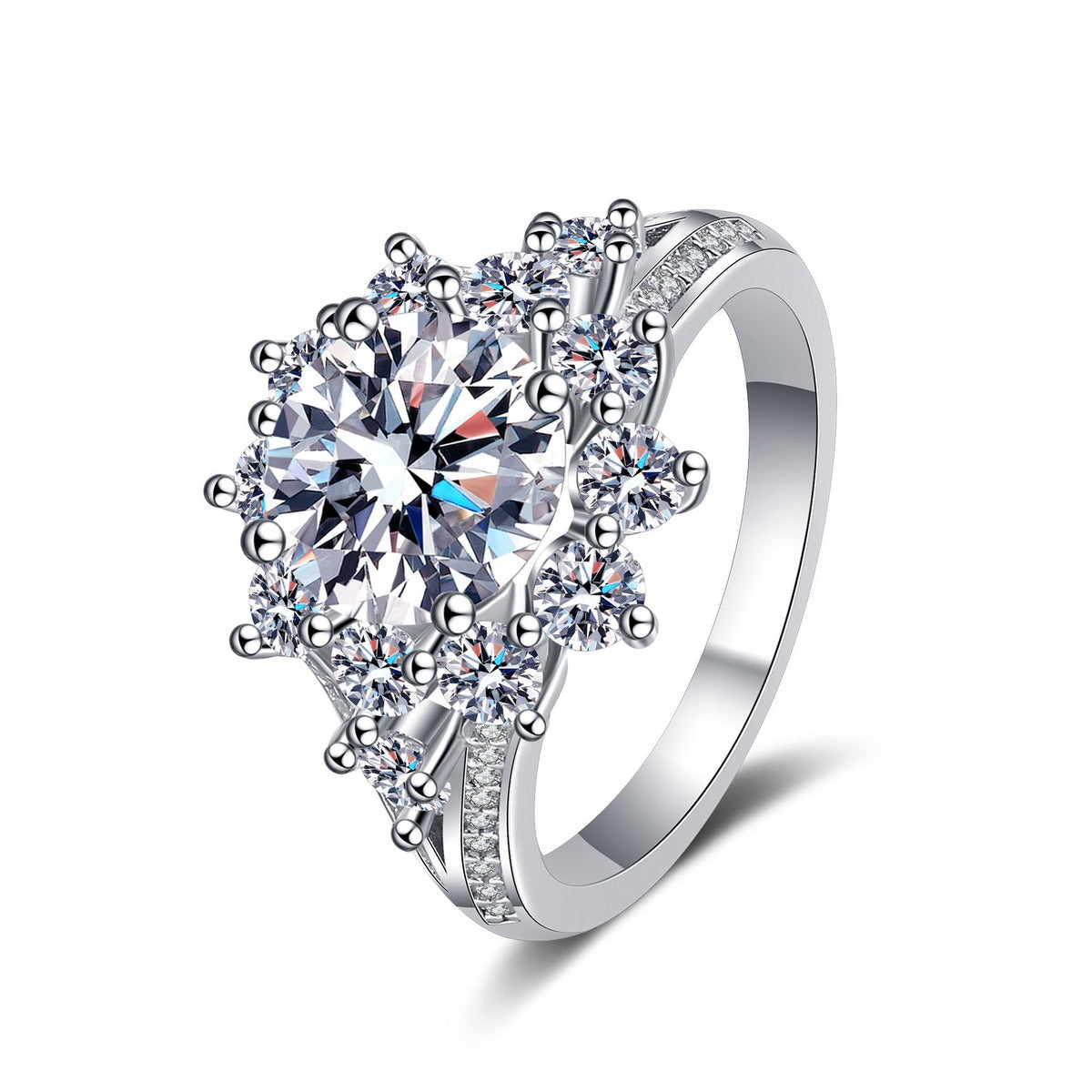 Round Moissanite Ring with CZ in rhodium-plated S925 sterling silver on clean white background