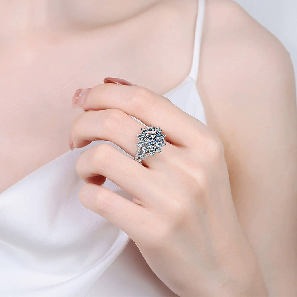 Round Moissanite Ring with CZ worn on hand to show scale and ring profile