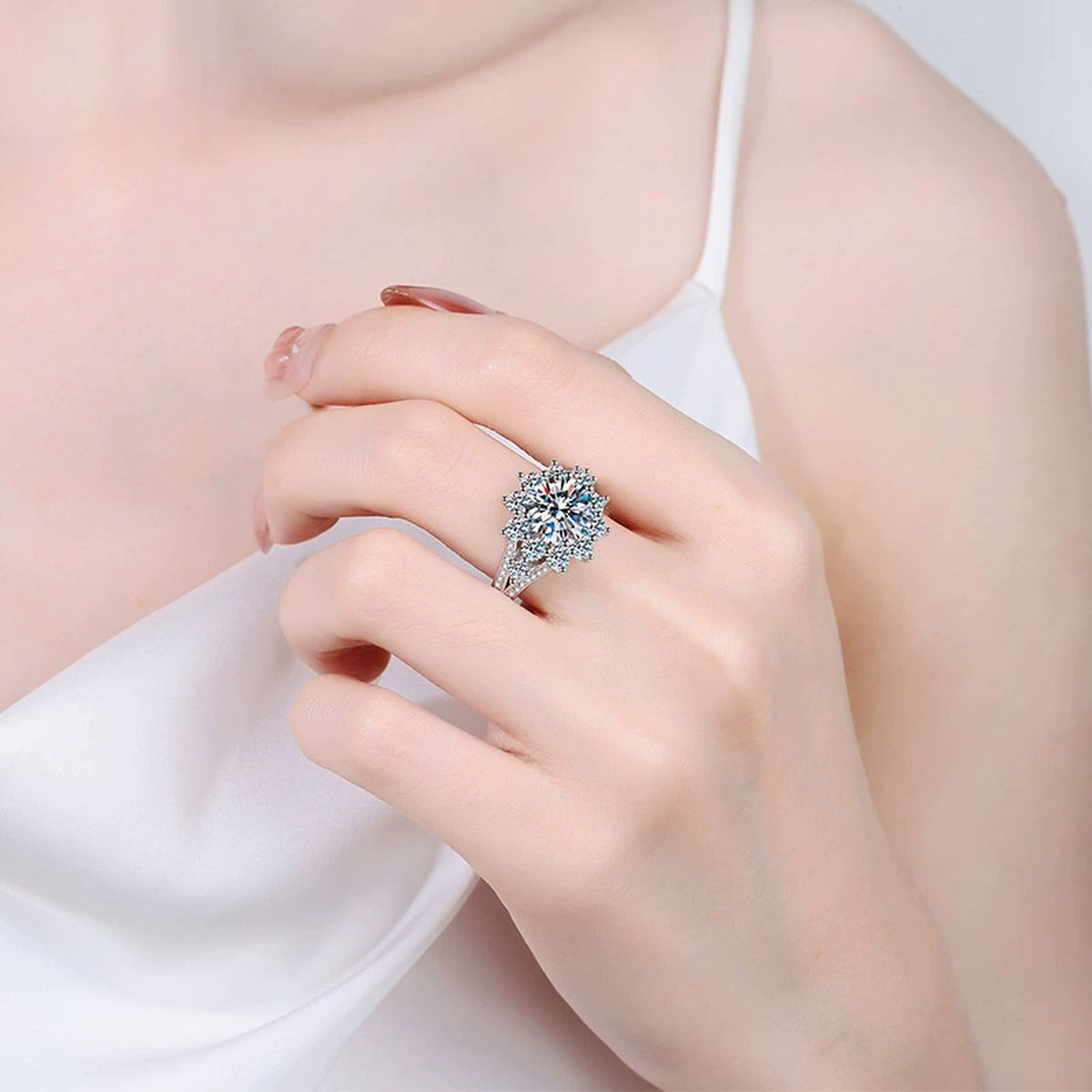 Round Moissanite Ring with CZ worn on hand to show scale and ring profile