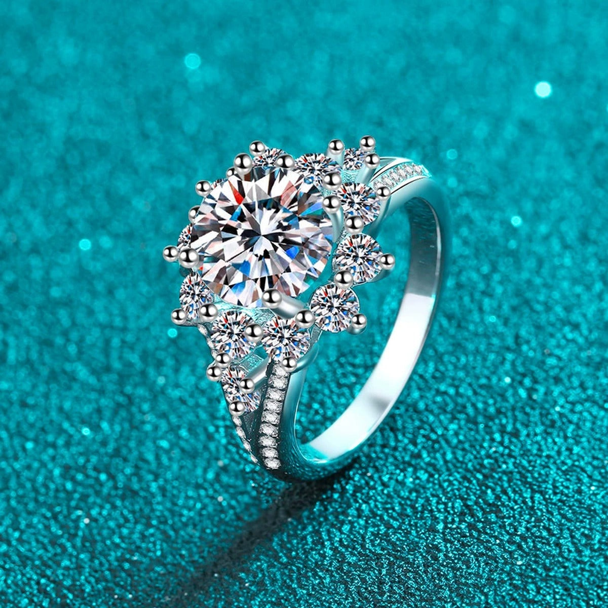 Round Moissanite Ring with CZ product view showing moissanite setting and rhodium finish