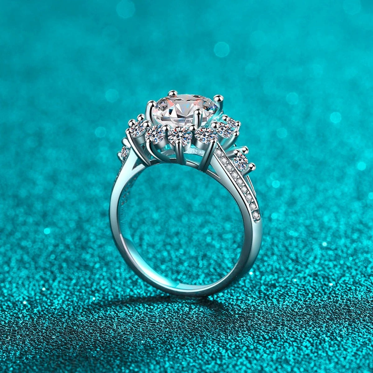 Round Moissanite Ring with CZ product view showing moissanite setting and rhodium finish