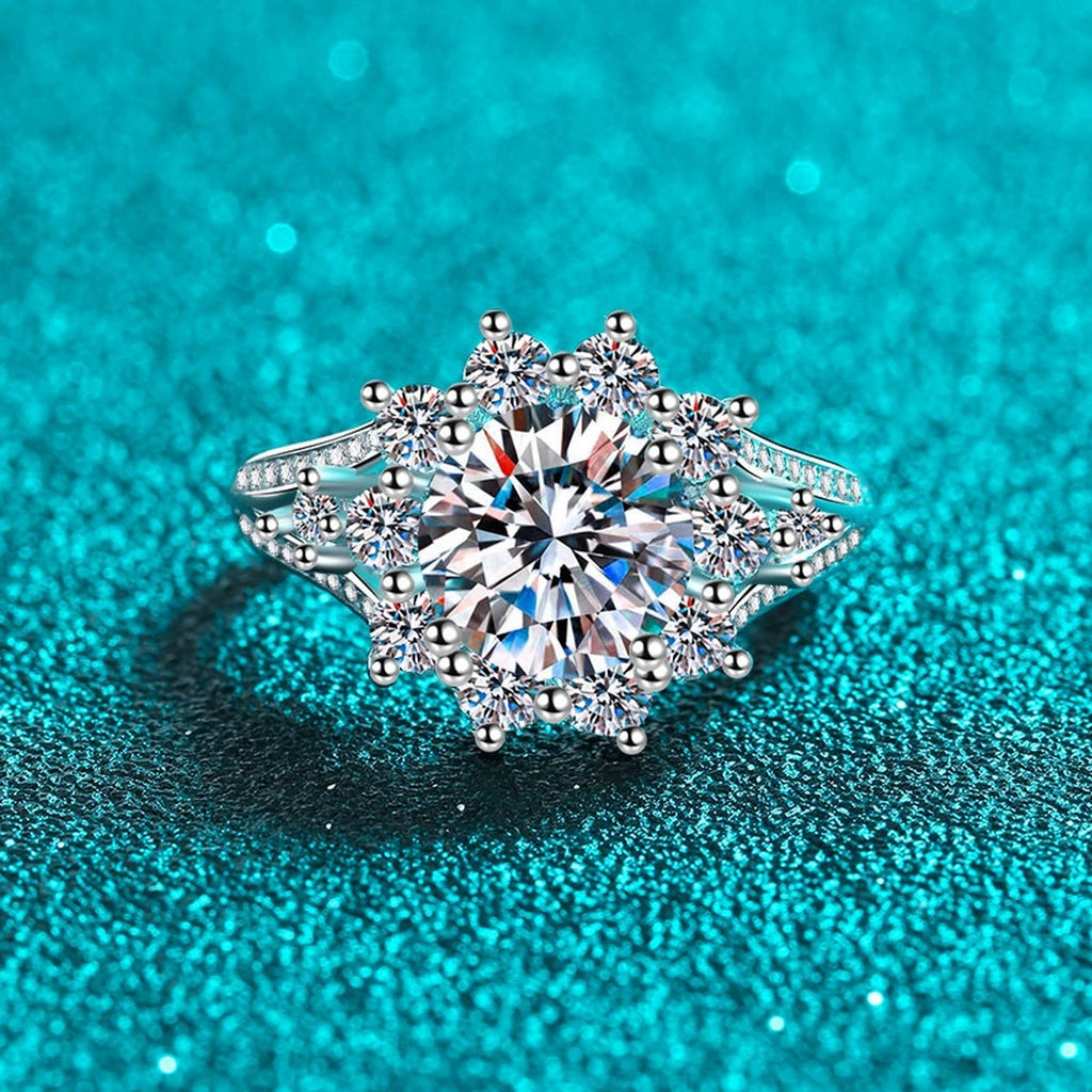 Round Moissanite Ring with CZ product view showing moissanite setting and rhodium finish