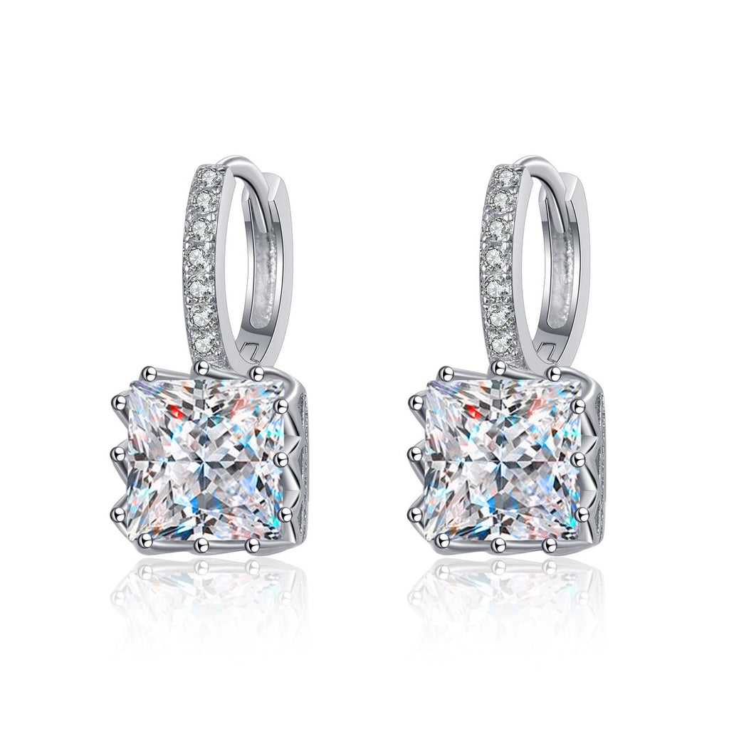 Princess Cut Moissanite Hoop Drop Earrings with CZ in Rhodium-Plated S925 sterling silver white background product photo showing the pair, stone shape, and hoop drop earrings silhouette