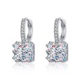 Princess Cut Moissanite Hoop Drop Earrings with CZ in Rhodium-Plated S925 sterling silver white background product photo showing the pair, stone shape, and hoop drop earrings silhouette